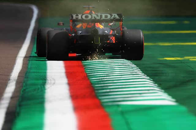 Max Verstappen of the Netherlands driving the (33) Red Bull Racing RB16B Honda on track during practice ahead of the F1 Grand Prix of Emilia Romagna at Autodromo Enzo e Dino Ferrari on 16 April 2021 in Imola, Italy. (Photo by Bryn Lennon/Getty Images)