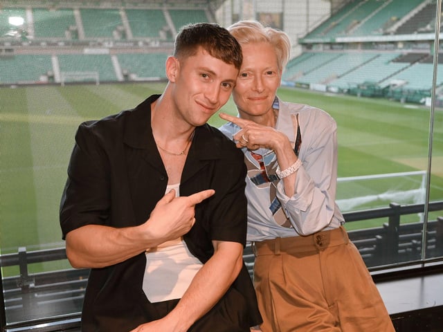 Actor Alfie Cain celebrates opening night of his fringe play Dropped with Tilda Swinton