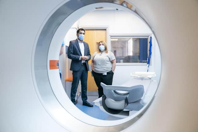 Health secretary Humza Yousaf with clinical service manager Jane Anderson in the CT suite during a visit to the Rapid Cancer Diagnostic Service (RCDS) at the NHS Fife Victoria Hospital in Kirkcaldy. Picture: Jane Barlow/PA Wire