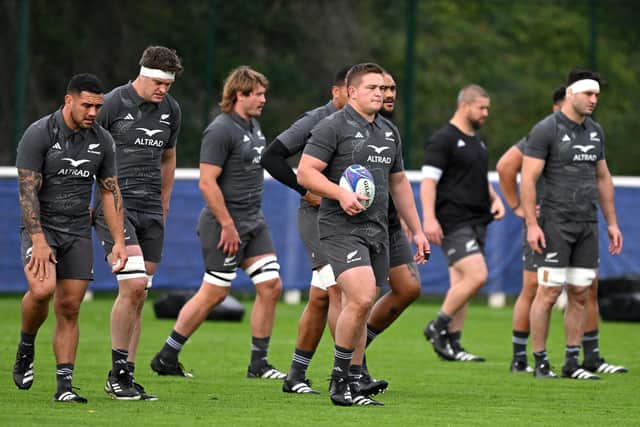 Ethan de Groot of the All Blacks runs through drills.