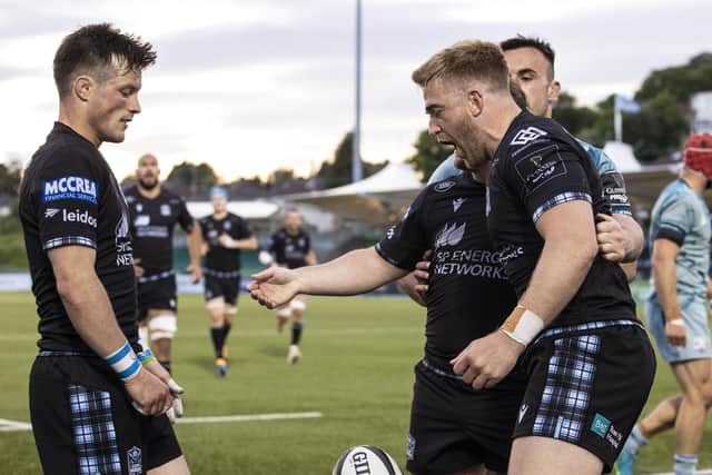 Glasgow Warriors' Kyle Steyn celebrates his try during the Rainbow Cup win over Leinster in June 2021. (Photo by Alan Harvey / SNS Group)