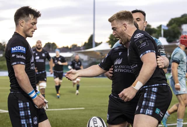 Glasgow Warriors' Kyle Steyn celebrates his try during the Rainbow Cup win over Leinster in June 2021. (Photo by Alan Harvey / SNS Group)