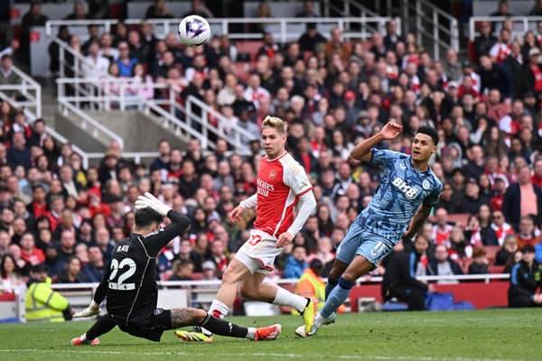 Ollie Watkins scores Aston Villa's second goal in the 2-0 win over Arsenal at the Emirates. (Photo by Mike Hewitt/Getty Images)