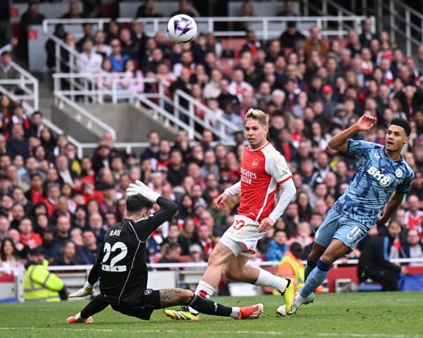 Ollie Watkins scores Aston Villa's second goal in the 2-0 win over Arsenal at the Emirates. (Photo by Mike Hewitt/Getty Images)