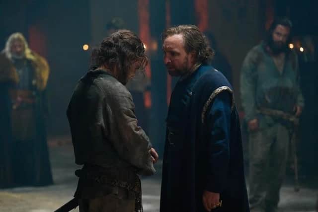 Arthur (Iain De Caestecker) being banished by King Uther (Eddie Marsan) in The Winter King. Pic: Copyright © Simon Ridgway 2022