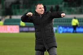 Celtic manager Brendan Rodgers celebrates after beating Hibs at Easter Road.