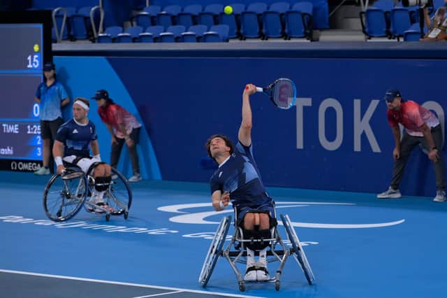 Alfie Hewett and Gordon Reid of Team Great Britain compete against Shingo Kunieda and Takashi Sanada of Team Japan in the Wheelchair Tennis Men’s Doubles semi-final.