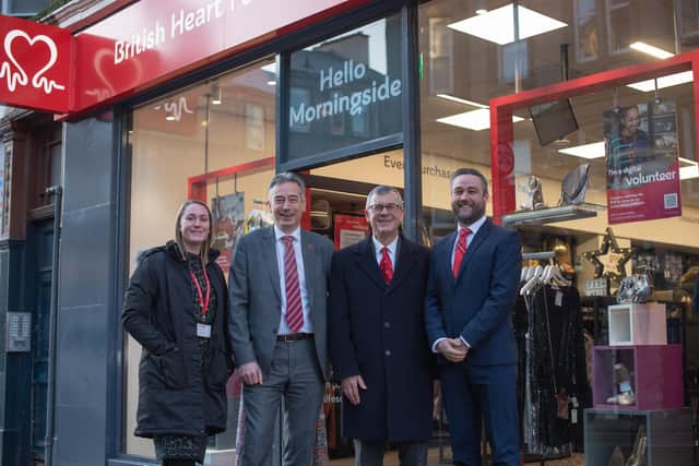 Pictured at the new BHF store in Morningside are, left to right, Charlotte Palmer, Morningside Shop Manager; Professor David Newby, BHF Duke of Edinburgh Chair of Cardiology; 
Tony Clark, BHF supporter and heart patient and David McColgan, Head of BHF Scotland