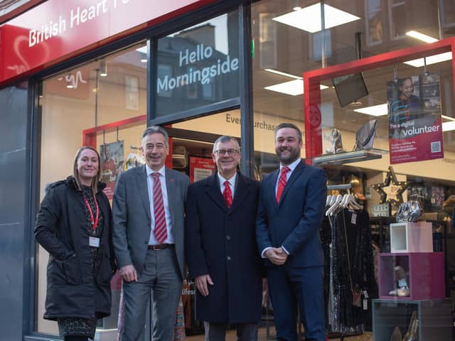 Pictured at the new BHF store in Morningside are, left to right, Charlotte Palmer, Morningside Shop Manager; Professor David Newby, BHF Duke of Edinburgh Chair of Cardiology; 
Tony Clark, BHF supporter and heart patient and David McColgan, Head of BHF Scotland