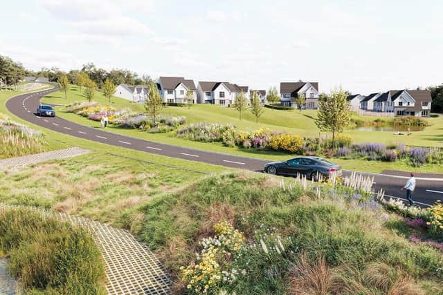 A rendering of the proposed development of new homes and link road by Cala Homes.
