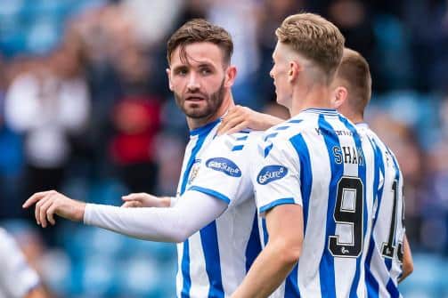Kilmarnock's Jason Naismith celebrates after making it 2-1 during an SPFL Trust Trophy match between Kilmarnock and Falkirk at Rugby Park, on September 04, 2021, in Kilmarnock, Scotland (Photo by Roddy Scott / SNS Group)