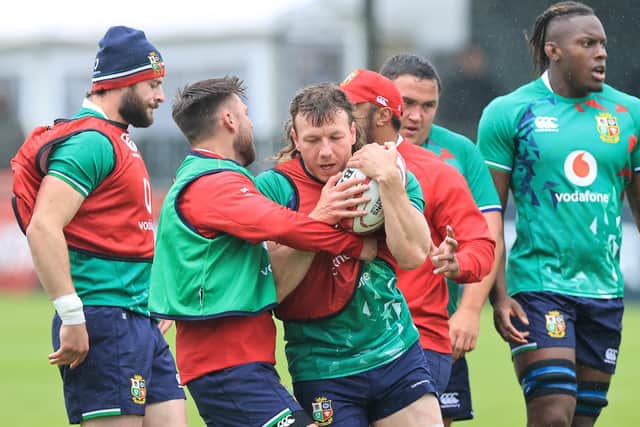 Hamish Watson in action during the British and Irish Lions training session held at at Stade Santander International stadium on June 22, 2021 in Saint Peter, Jersey. (Photo by David Rogers/Getty Images)