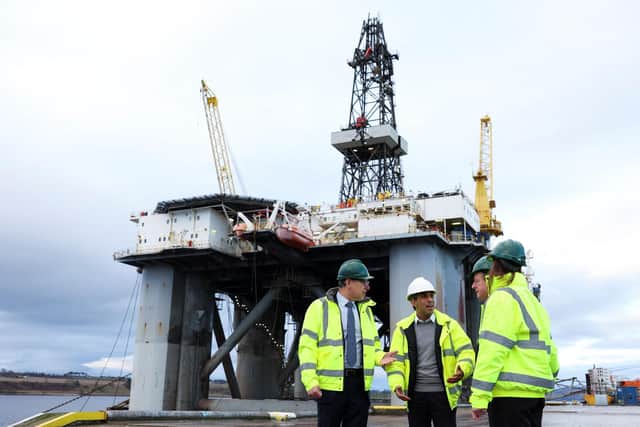 Prime Minister Rishi Sunak (centre) visits Port of Cromarty Firth in Invergordon, Scotland. Picture: Russell Cheyne/POOL/AFP via Getty Images