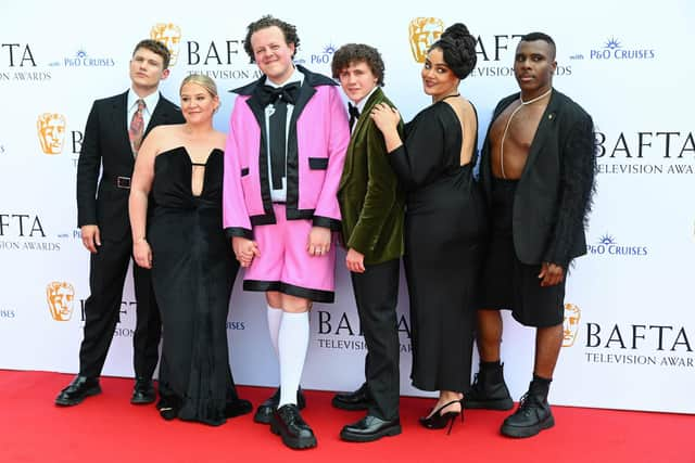 Izuka Hoyle with the cast of Channel 4's Big Boys at the 2023 BAFTA Television Awards in London, England. (L-R) Jon Pointing, Harriet Webb, Jack Rocke, Dylan Llewellyn, Izuka Hoyle and Olisa Odele. Pic: Joe Maher/Getty Images