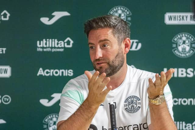 Hibs manager Lee Johnson has hit back at Hearts over claims his side over-celebrated their last-gasp equaliser in last weekend's Edinburgh derby.  (Photo by Rob Casey / SNS Group)