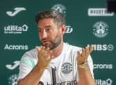 Hibs manager Lee Johnson has hit back at Hearts over claims his side over-celebrated their last-gasp equaliser in last weekend's Edinburgh derby.  (Photo by Rob Casey / SNS Group)