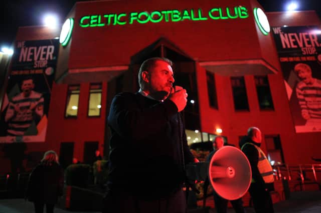Celtic manager Ange Postecoglou addresses the fans after winning the cinch Premiership title at Celtic Park.