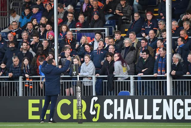 Edinburgh head coach Mike Blair speaks to fans before the recent ECPR Challenge Cup match against Bath at DAM Health Stadium. (Photo by Ross MacDonald / SNS Group)
