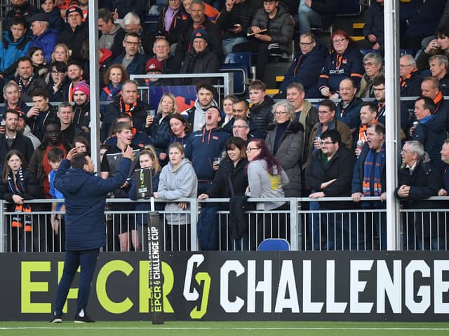 Edinburgh head coach Mike Blair speaks to fans before the recent ECPR Challenge Cup match against Bath at DAM Health Stadium. (Photo by Ross MacDonald / SNS Group)