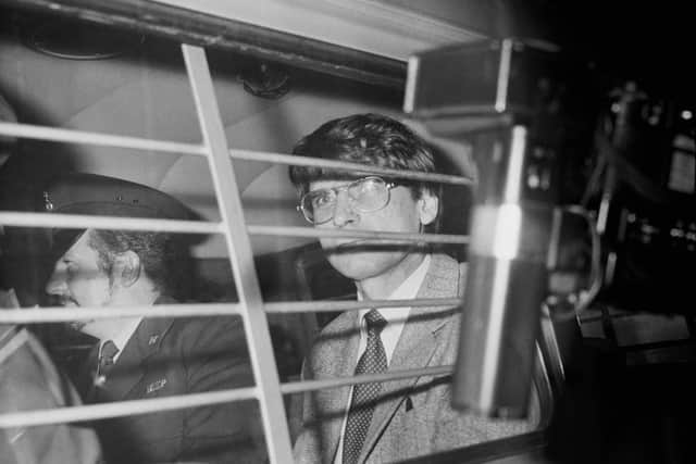 The real life serial killer Dennis Nilsen being escorted in a police van on 5 November 1983. (Photo: Harry Dempster/Daily Express/Hulton Archive/Getty Images)