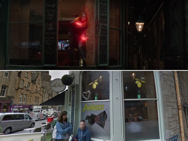 Wanda is blasted into a restaurant's front window after trying to save Vision from the two intruding aliens. Laila's lent into the brief glimpse of the restaurant we get in the film by putting a sticker on the window where Wanda went through. She's back up again quickly and stands in the smashed window frame to lift Vision away to our next filming location.
