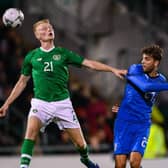 Liam Scales of Republic of Ireland in action against Manuel Locatelli of Italy during the UEFA U21 Championships Qualifier match between the Republic of Ireland and Italy at Tallaght Stadium on October 10, 2019 in Tallaght, Ireland. (Photo by Harry Murphy/Getty Images)