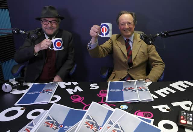 George Galloway and Jamie Blackett(r) during the launch of the Alliance 4 Unity party's manifesto for the Scottish Parliamentary election, at reflexblue studio, Glasgow.