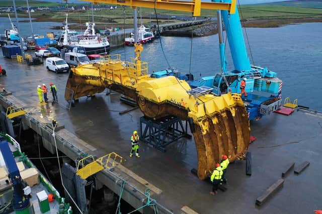 Mocean Energy’s Blue X wave machine, which stretches to 20 metres and weighs 38 tonnes, was fabricated in Scotland.