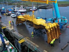 Mocean Energy’s Blue X wave machine, which stretches to 20 metres and weighs 38 tonnes, was fabricated in Scotland.