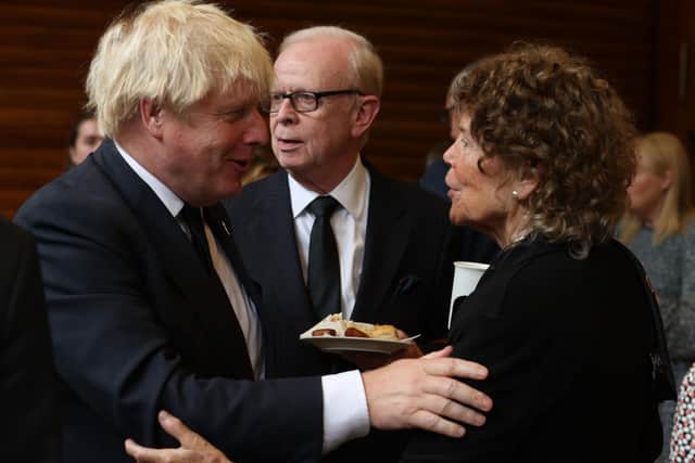 Prime Minister Boris Johnson and Kate Hoey after the funeral of former Northern Ireland first minister and UUP leader David Trimble, who died last week aged 77, at Harmony Hill Presbyterian Church, Lisburn. Picture: Liam McBurney/PA Wire