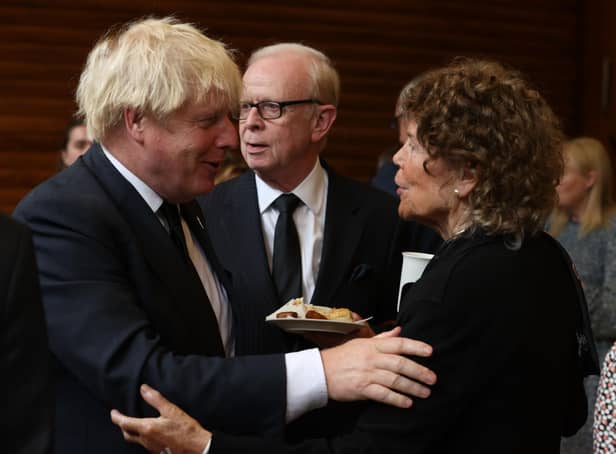 Prime Minister Boris Johnson and Kate Hoey after the funeral of former Northern Ireland first minister and UUP leader David Trimble, who died last week aged 77, at Harmony Hill Presbyterian Church, Lisburn. Picture: Liam McBurney/PA Wire