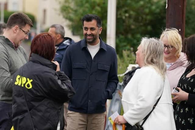 First Minister Humza Yousaf out campaigning in Rutherglen. Image: Press Association.