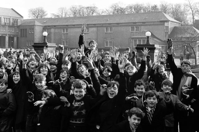 Pupils from Musselburgh Grammar School enjoy their half-day holiday thanks to a one-day teachers strike in December 1965.