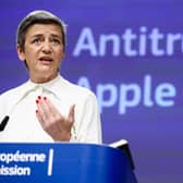 European Commission vice-president Margrethe Vestager gives a press conference on EU objections sent to Apple over practices regarding Apple Pay, at the EU headquarters in Brussels on May 2, 2022.