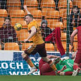 Connor Shields turns away to celebrate after making it 2-1 to Motherwell against Aberdeen at Fir Park.  (Photo by Craig Foy / SNS Group)