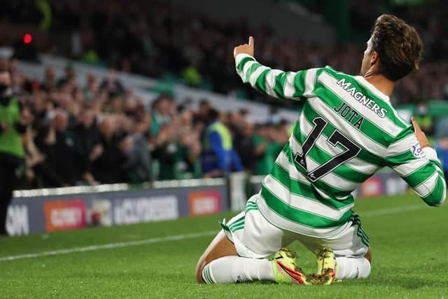 Celtic's Jota lets his emotions run loose in celebrating his first goal for his loan club ithat set them on the way to a 3-0 home victory in their Premier Sports Cup quarter-final against Raith Rovers on Thursday night. (Photo by Craig Williamson / SNS Group)