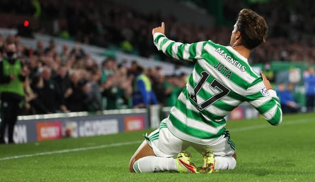Celtic's Jota lets his emotions run loose in celebrating his first goal for his loan club ithat set them on the  way to a 3-0  home victory in their Premier Sports Cup quarter-final against Raith Rovers on Thursday night. (Photo by Craig Williamson / SNS Group)