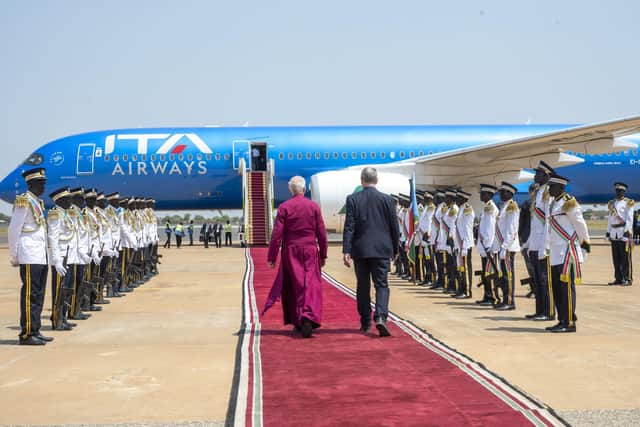 The Moderator of the General Assembly of the Church of Scotland (R) and The Archbishop of Canterbury, the Rev Justin Welby leave Juba at the end of their visit with The Pope. Picture: Andy O'Brien/The Church of Scotland