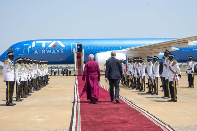 The Moderator of the General Assembly of the Church of Scotland (R) and The Archbishop of Canterbury, the Rev Justin Welby leave Juba at the end of their visit with The Pope. Picture: Andy O'Brien/The Church of Scotland