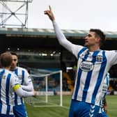Kyle Lafferty celebrates after scoring to make it 1-0 during a cinch Championship match between Kilmarnock and Inverness Caledonian Thistle at Rugby Park, on January 29, 2022, in Kilmarnock, Scotland. (Photo by Sammy Turner / SNS Group)