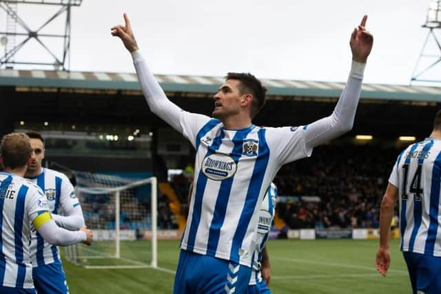 Kyle Lafferty celebrates after scoring to make it 1-0 during a cinch Championship match between Kilmarnock and Inverness Caledonian Thistle at Rugby Park, on January 29, 2022, in Kilmarnock, Scotland. (Photo by Sammy Turner / SNS Group)