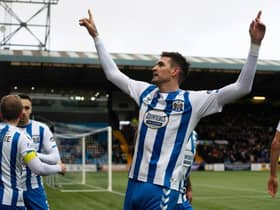 Kyle Lafferty celebrates after scoring to make it 1-0 during a cinch Championship match between Kilmarnock and Inverness Caledonian Thistle at Rugby Park, on January 29, 2022, in Kilmarnock, Scotland. (Photo by Sammy Turner / SNS Group)