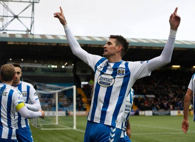 Kyle Lafferty celebrates after scoring to make it 1-0 during a cinch Championship match between Kilmarnock and Inverness Caledonian Thistle at Rugby Park, on January 29, 2022, in Kilmarnock, Scotland. (Photo by Sammy Turner / SNS Group)