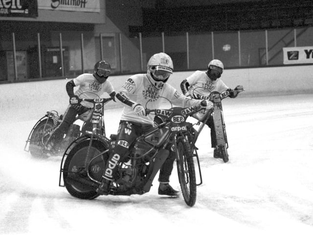 Les Collins, Steve Lawson and Jim McMillan at a session of 'Speedway on Ice' at Murrayfield ice rink Edinburgh, December 1986.