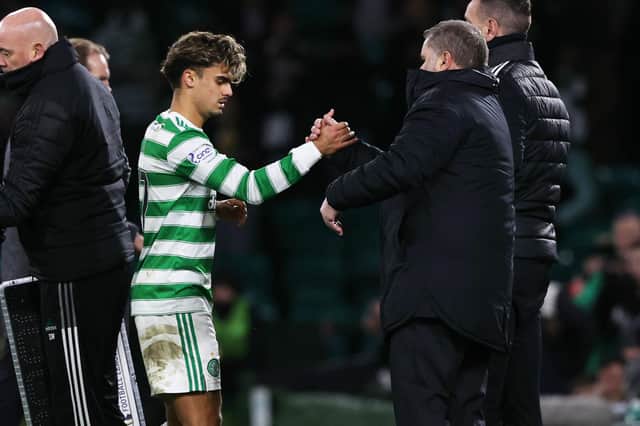 Jota with Celtic manager Ange Postecoglou after going off with an injury against Hearts last week. (Photo by Craig Williamson / SNS Group)