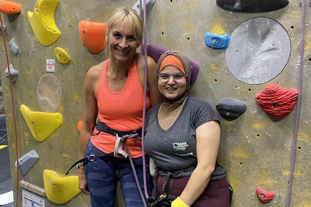 Louise Minchin about to confront her 'thing about heights' on a climbing wall with Anoushé Husain, one of the country’s leading indoor climbers. Contributed