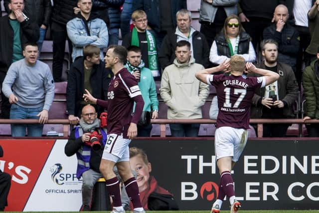 Andy Halliday celebrates with Alex Cochrane after scoring to make it 1-1 during a cinch Premiership match between Hearts and Hibs.