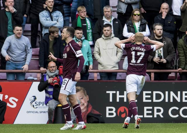Andy Halliday celebrates with Alex Cochrane after scoring to make it 1-1 during a cinch Premiership match between Hearts and Hibs.