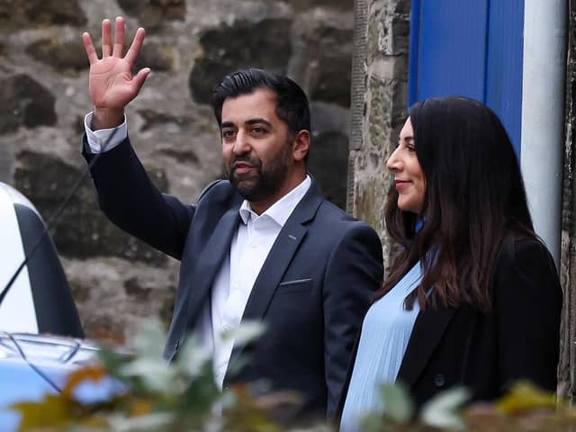 Humza Yousaf and his wife Nadia El-Nakla depart Bute House following his resignation as First Minister. Picture: Jeff J Mitchell/Getty Images