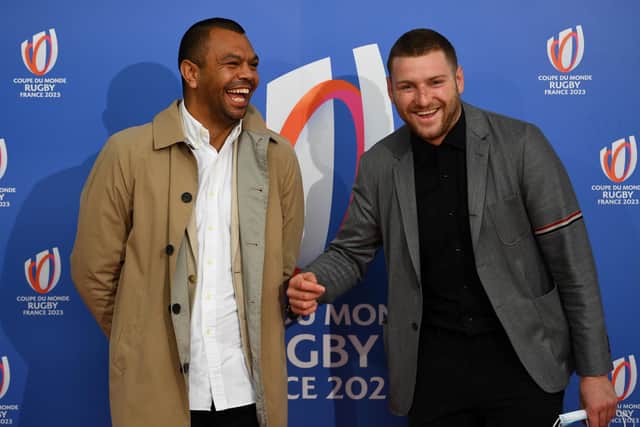 Kurtley Beale and Finn Russell on the red carpet for a photocall ahead of the draw for the 2023 Rugby World Cup, in Paris. Beale has ambitions to play in the tournament. (Photo by FRANCK FIFE / AFP)